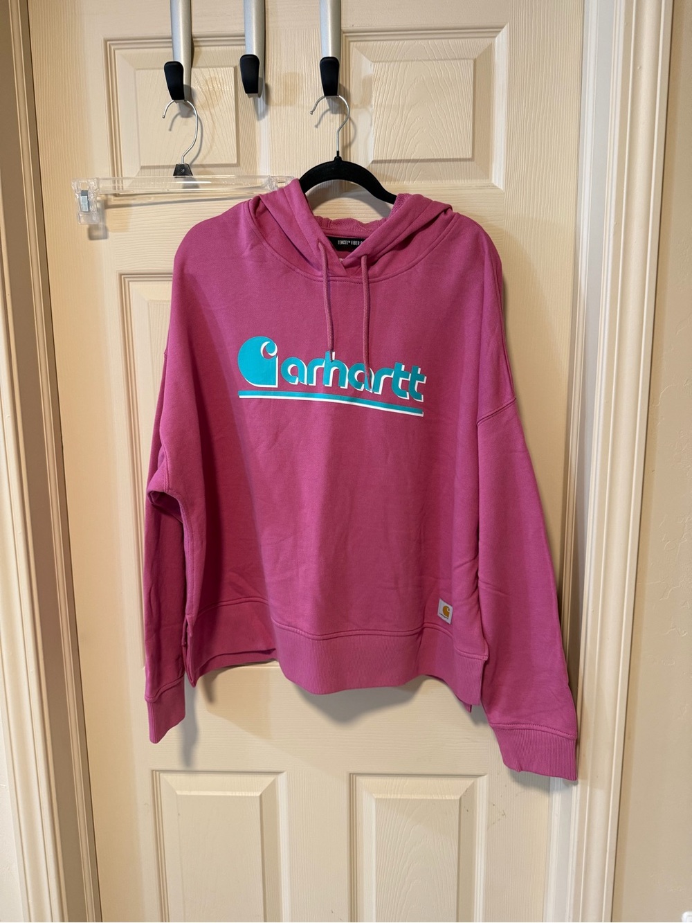 Carhartt Pink Pullover Hoodie with Teal Logo